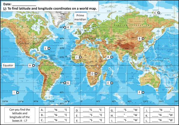 Finding latitude and longitude coordinates on a world map - activity - easier