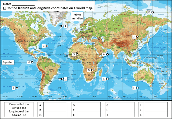 Finding latitude and longitude coordinates on a world map - activity - harder