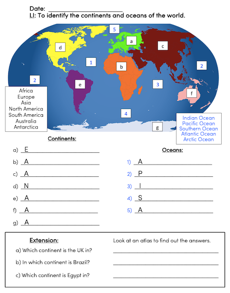Identifying the continents and oceans of the world - activity - easier