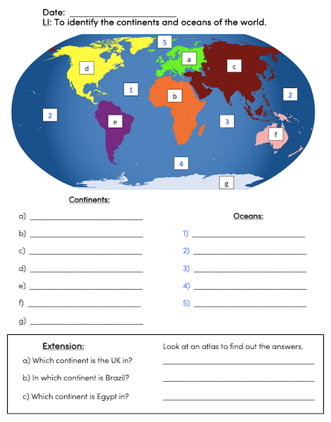 Identifying the continents and oceans of the world - activity - harder