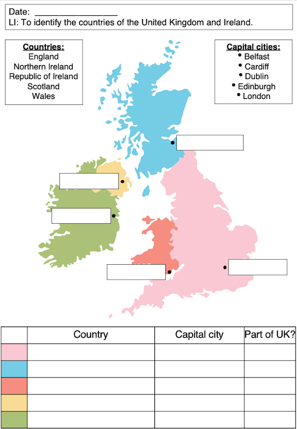 Identifying the counties and capitals of the UK and Ireland - activity - easier