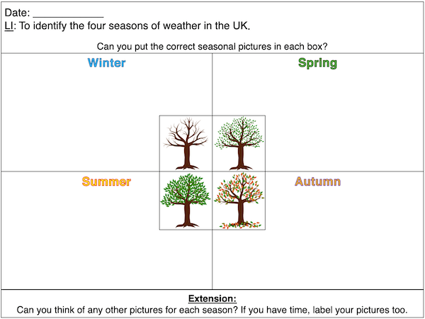 Identifying the four seasons of weather in the UK - acitivty - worksheet