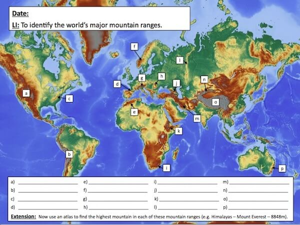Identifying the world's major mountain ranges - activity - harder