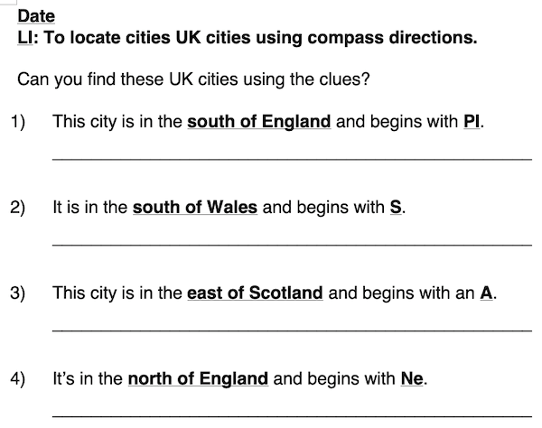 Locating UK cities using compass directions - activity - harder