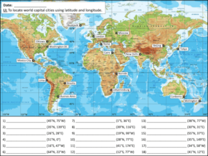 Locating world capital cities using latitude and longitude - activity
