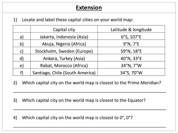 Locating world capital cities using latitude and longitude - extension