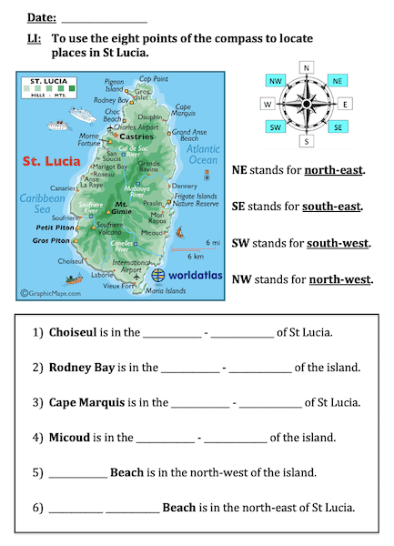 Using compass directions to locate places in St Lucia - activity - easier 2