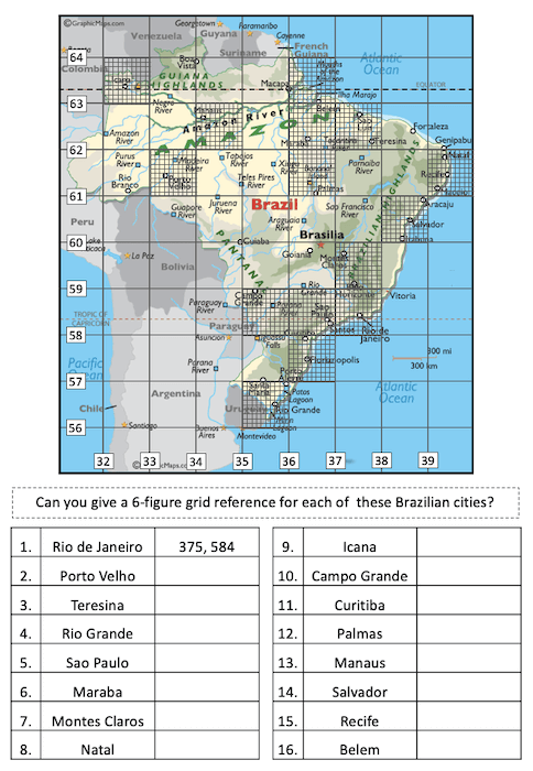 Locating Brazilian cities using 4 and 6-figure grid references - activity 2 - easier