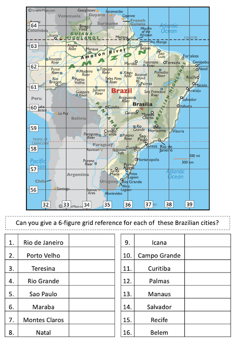 Locating Brazilian cities using 4 and 6-figure grid references - activity 2 - harder