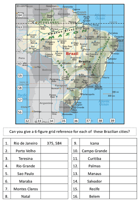 Locating Brazilian cities using 4 and 6-figure grid references - activity 2 - medium