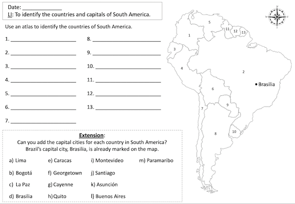 Locating countries and capitals of South America - activity 1 - harder