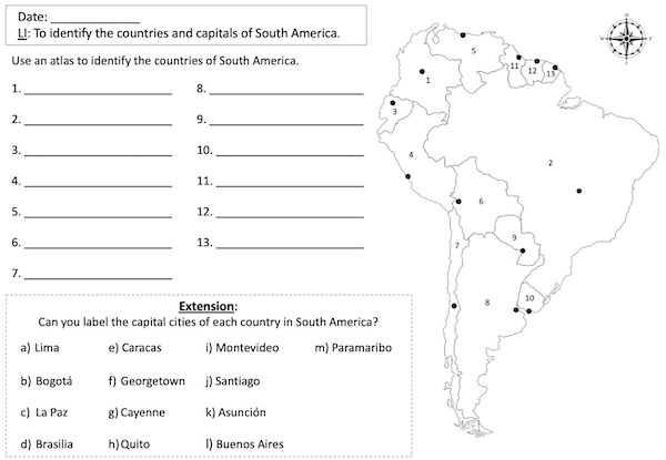 Locating countries and capitals of South America - activity 1 - medium