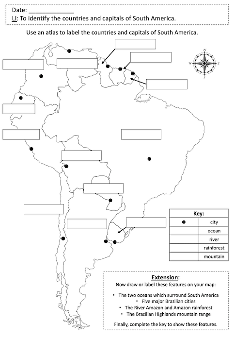 Locating countries and capitals of South America - activity 2 - easier