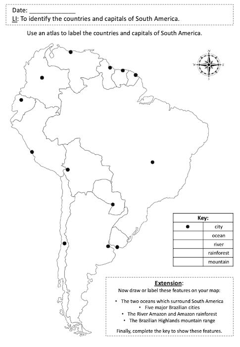 Locating countries and capitals of South America - activity 2 - medium