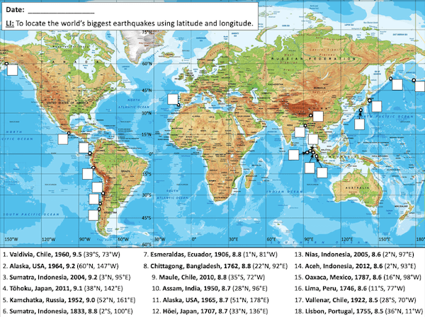 Locating the world's biggest earthquakes using latitude & longitude - activity - harder