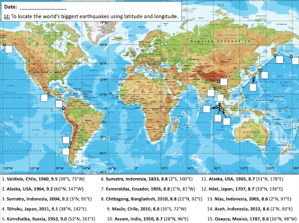 Locating the world's biggest earthquakes using latitude & longitude - activity - medium