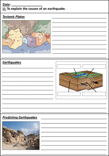 Understanding the causes of earthquakes - writing activity - harder template