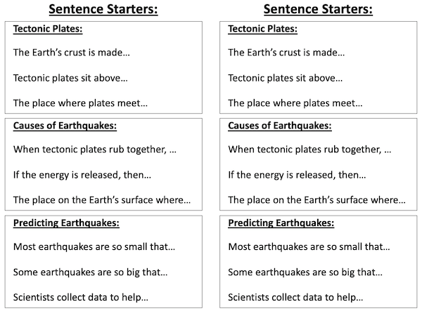 Understanding the causes of earthquakes - writing activity - sentence starters