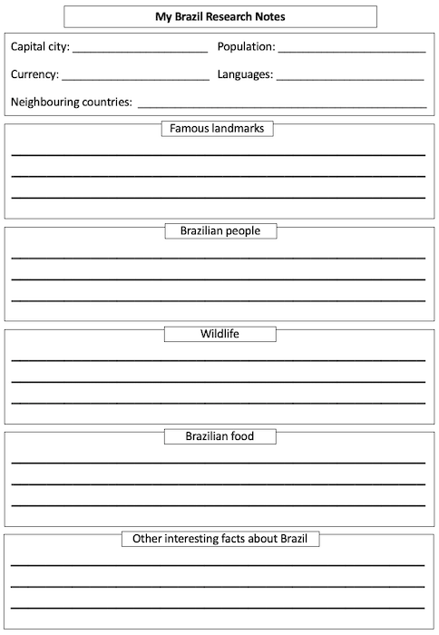 Writing a Brazil fact file - research notes template - easier