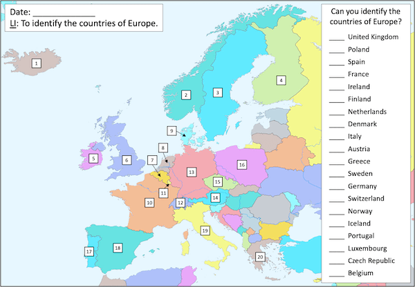 Identifying the countries of Europe - short activity - 20