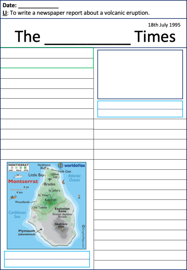 Newspaper report template - with colour-coded boxes - bigger lines p1